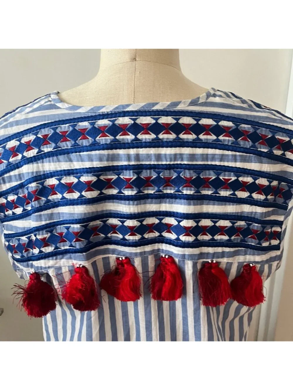 BINDU Sleeveless Tasseled Cotton Embroidered Boho Mini Dress/ Coverup Size Large